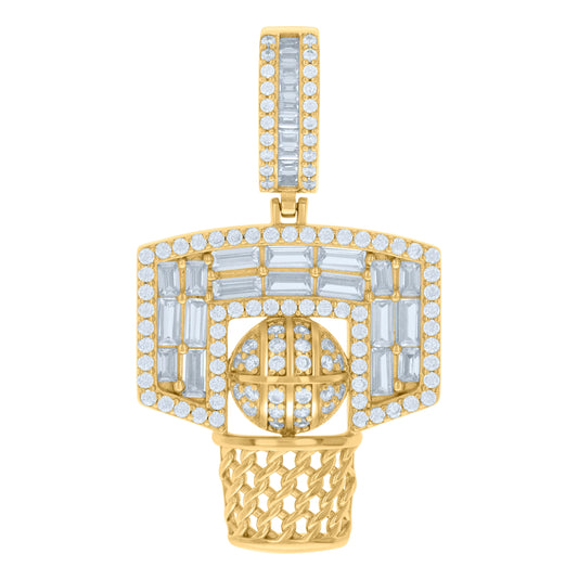 Sterling Silver Yellow-tone Mens Baguette Round Cubic-Zirconia Basketball Sports Charm Pendant