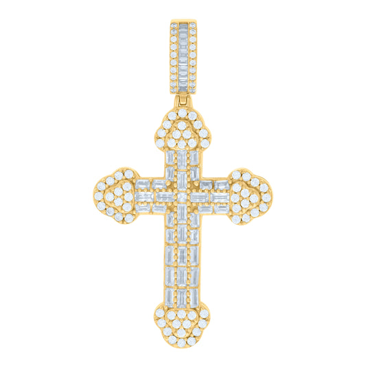 Sterling Silver Yellow-tone Mens Baguette Round Cubic-Zirconia Cross Religious Charm Pendant