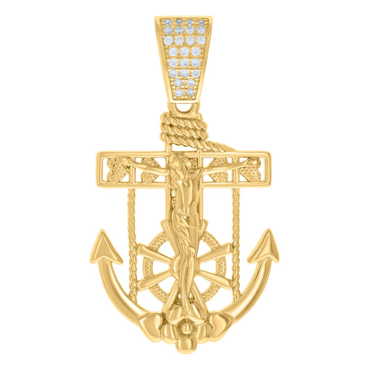 Sterling Silver Yellow-tone Mens Round Cubic-Zirconia Anchor Crucifix Religious Charm Pendant