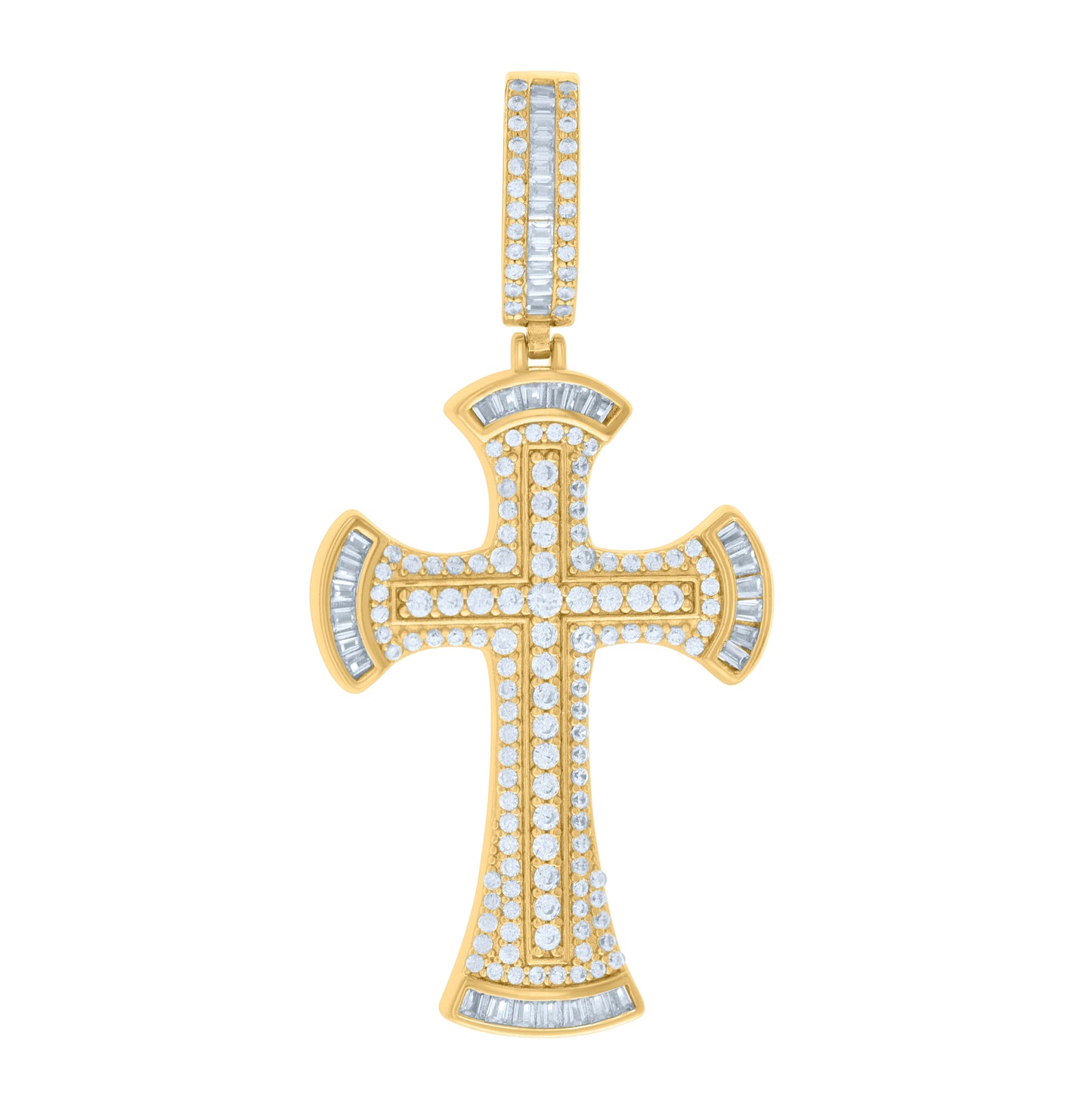 Sterling Silver Yellow-tone Mens Baguette Round Cubic-Zirconia Cross Religious Charm Pendant