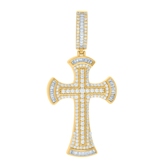 Sterling Silver Yellow-tone Mens Baguette Round Cubic-Zirconia Cross Religious Charm Pendant