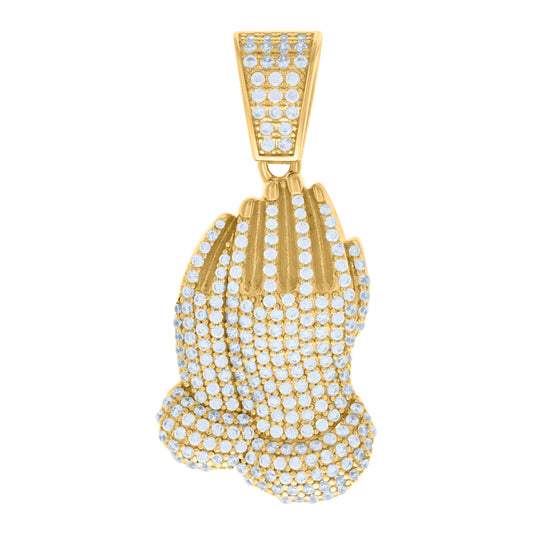 Sterling Silver Yellow-tone Mens Cubic-Zirconia Praying Hands Symbol Religious Charm Pendant