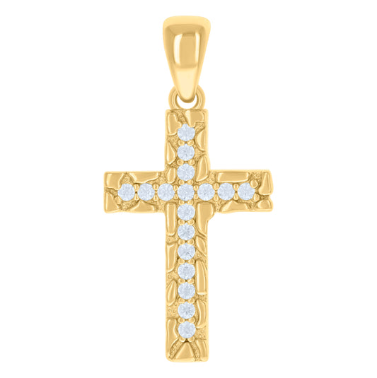 Sterling Silver Yellow-tone Mens Round Cubic-Zirconia Nugget Cross Religious Charm Pendant