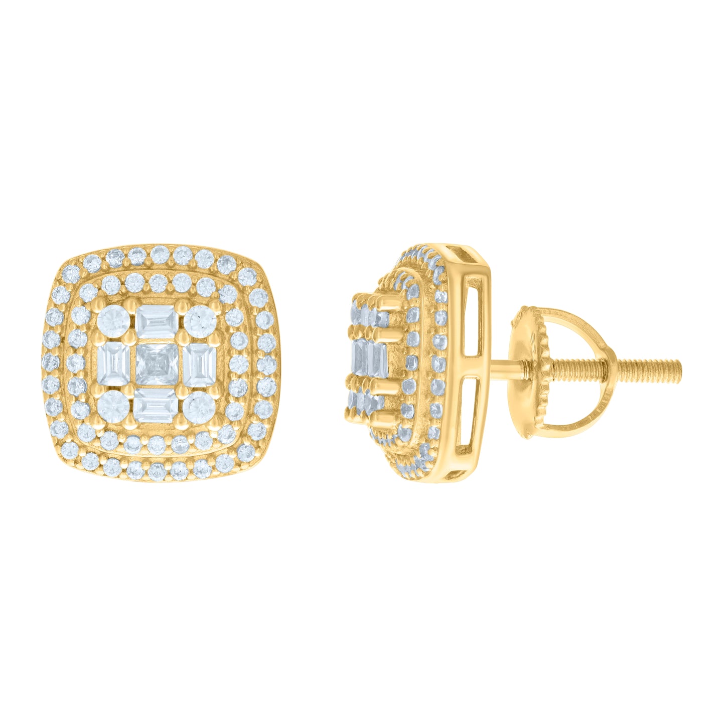 Sterling Silver Yellow-tone Womens Baguette Round Cubic-Zirconia Square Stud Earrings