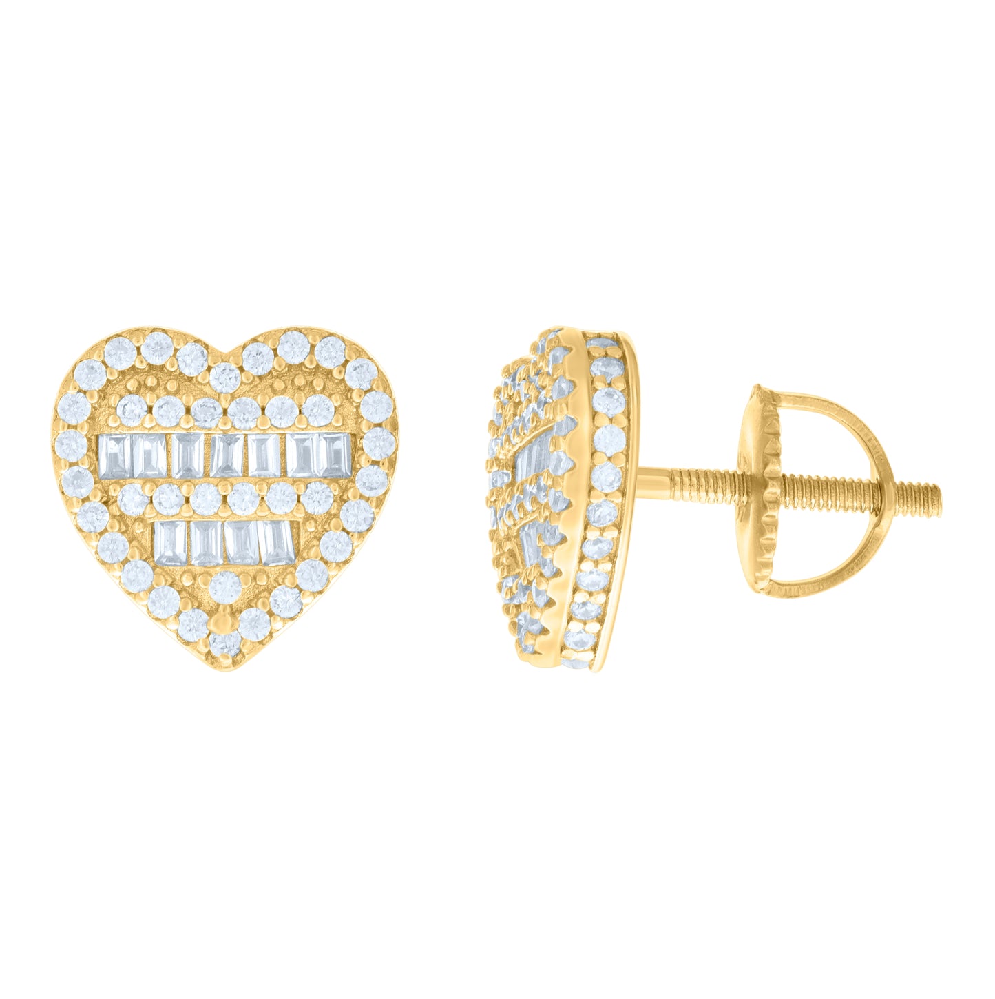 Sterling Silver Yellow-tone Womens Baguette Round Cubic-Zirconia Heart Stud Earrings