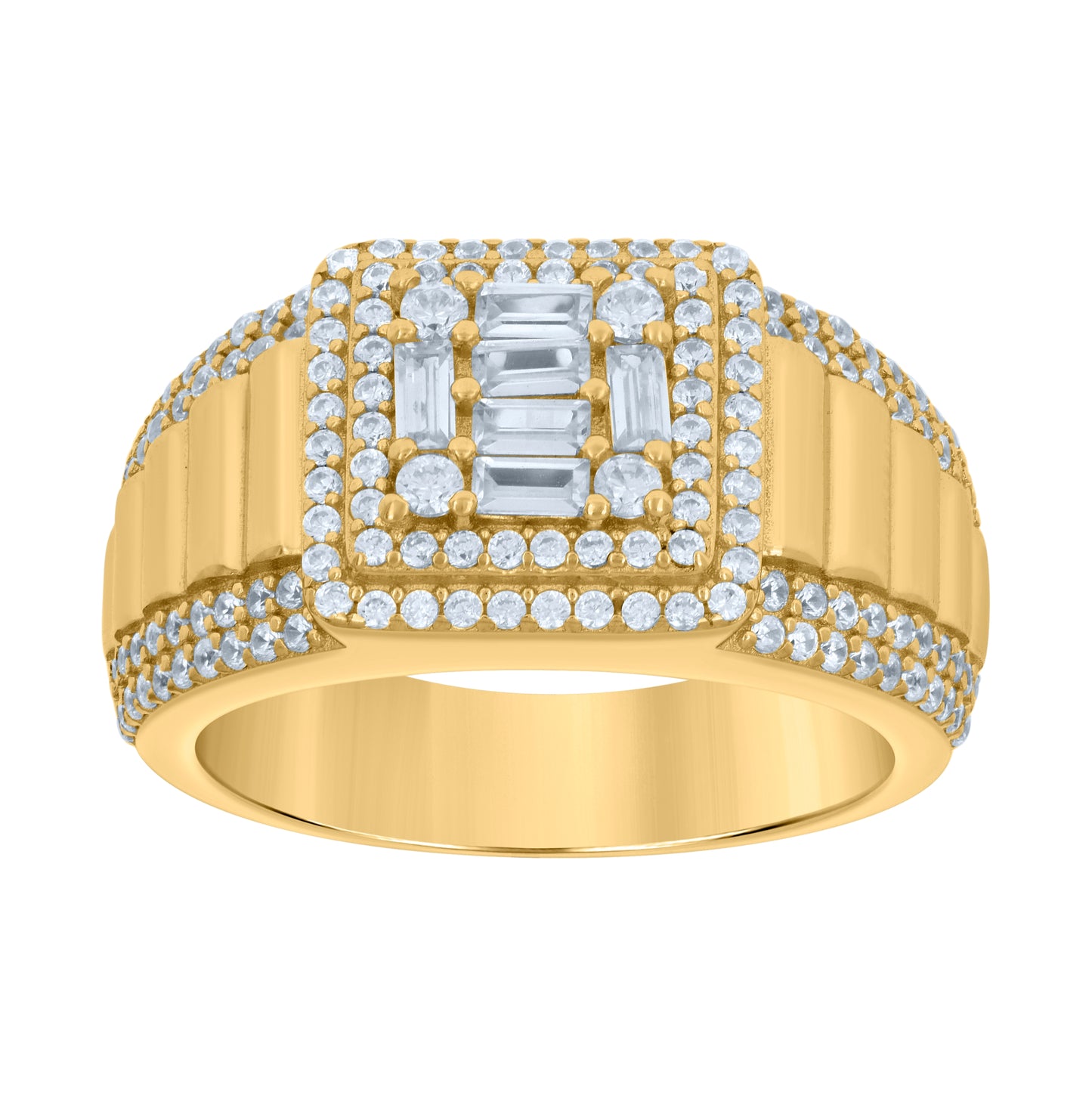 Sterling Silver Or Yellow-tone Mens Baguette Round Cubic-Zirconia Square Head Fashion Bridal Anniversary Wedding Engagement Band Ring