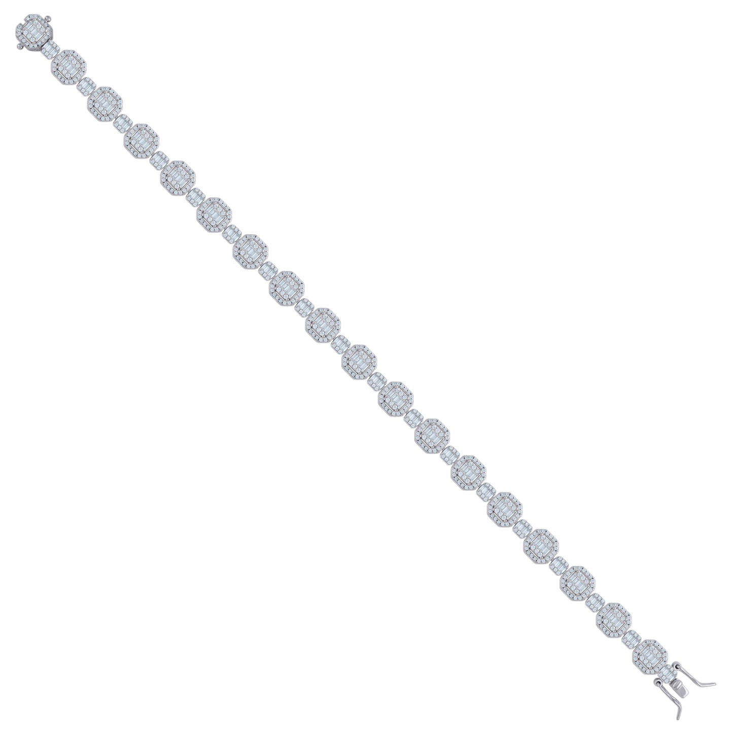 Sterling Silver Womens Baguette Round Cubic-Zirconia Fashion Link Bracelet