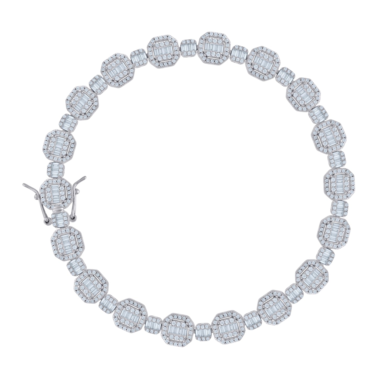 Sterling Silver Womens Baguette Round Cubic-Zirconia Fashion Link Bracelet