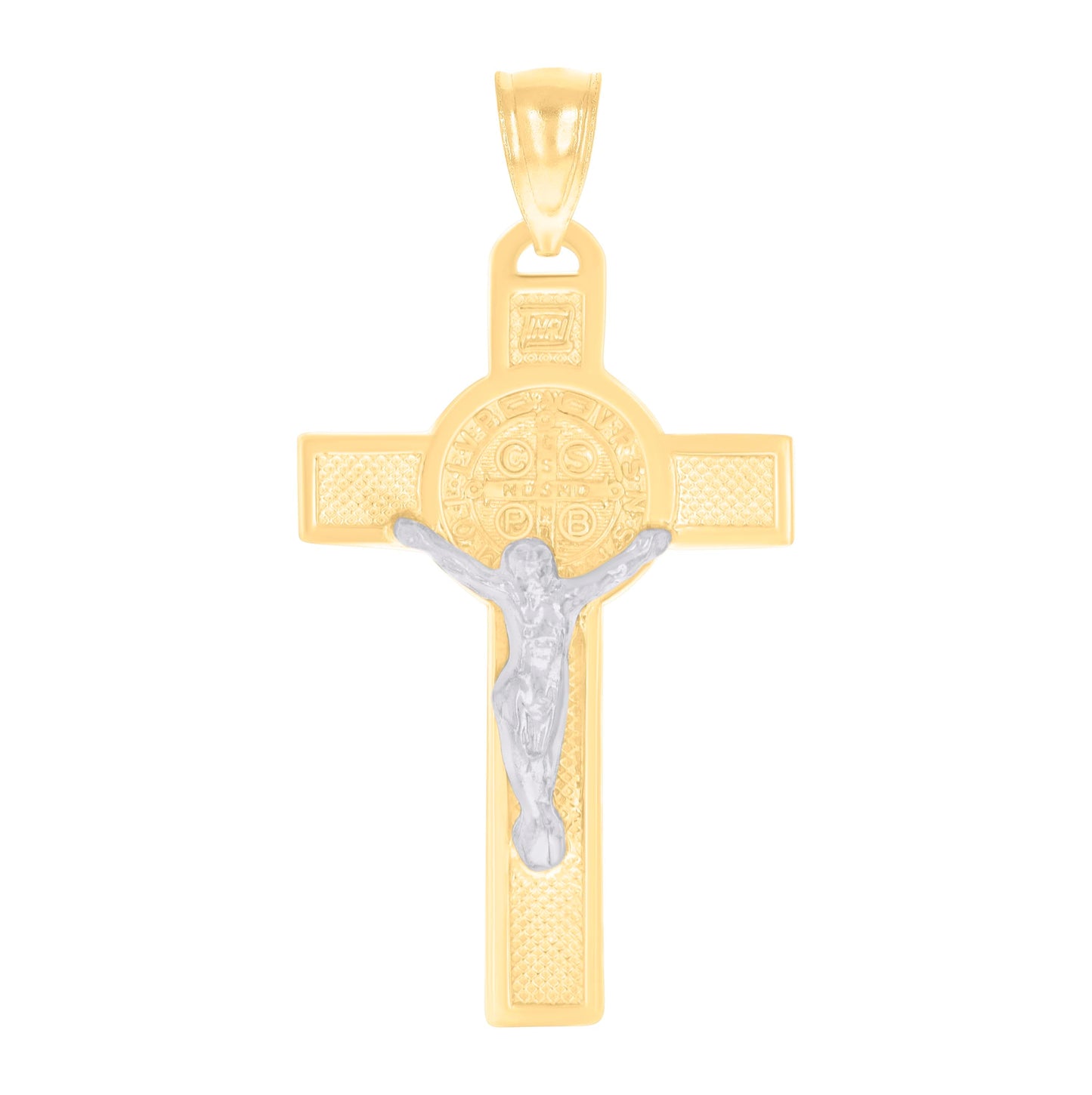 14K Two-tone Gold Mens St. Benedict Crucifix Cross Religious Charm Pendant
