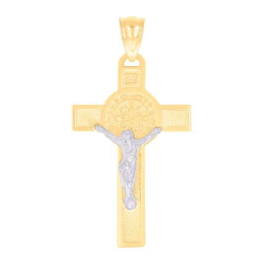 14K Two-tone Gold Mens St. Benedict Crucifix Cross Religious Charm Pendant
