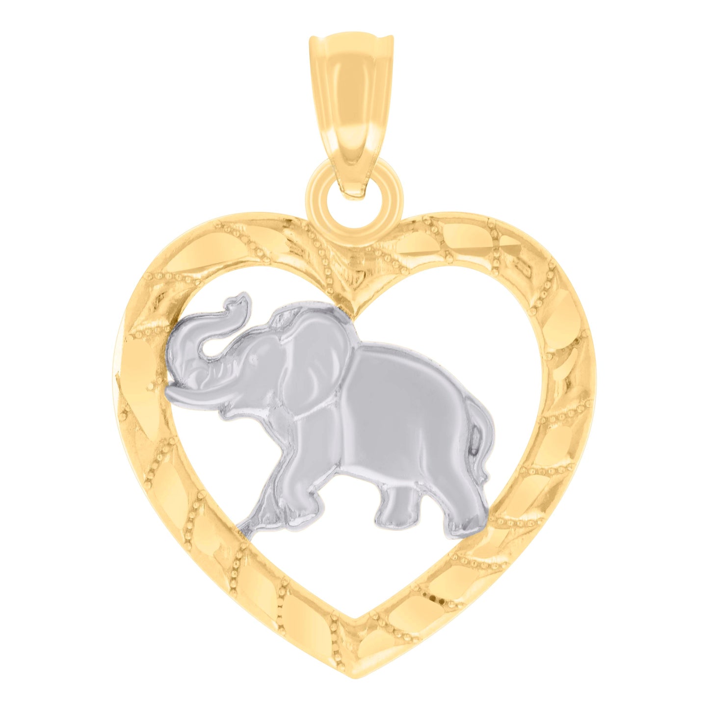 14K Two-tone Gold Womens Heart Elephant Good Luck Animal Wildlife Charm Pendant