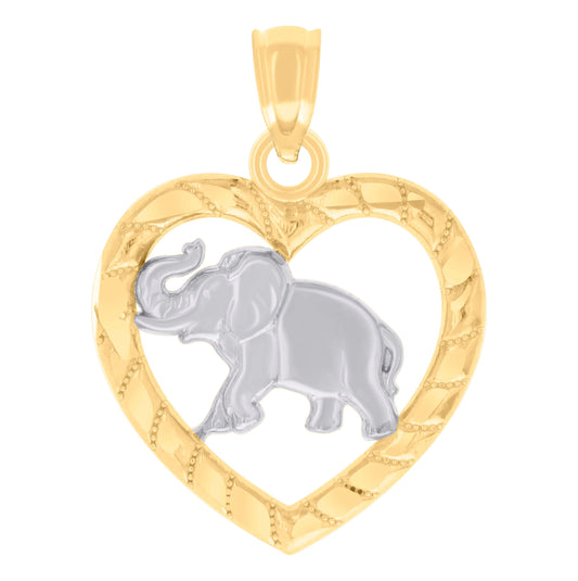 14K Two-tone Gold Womens Heart Elephant Good Luck Animal Wildlife Charm Pendant