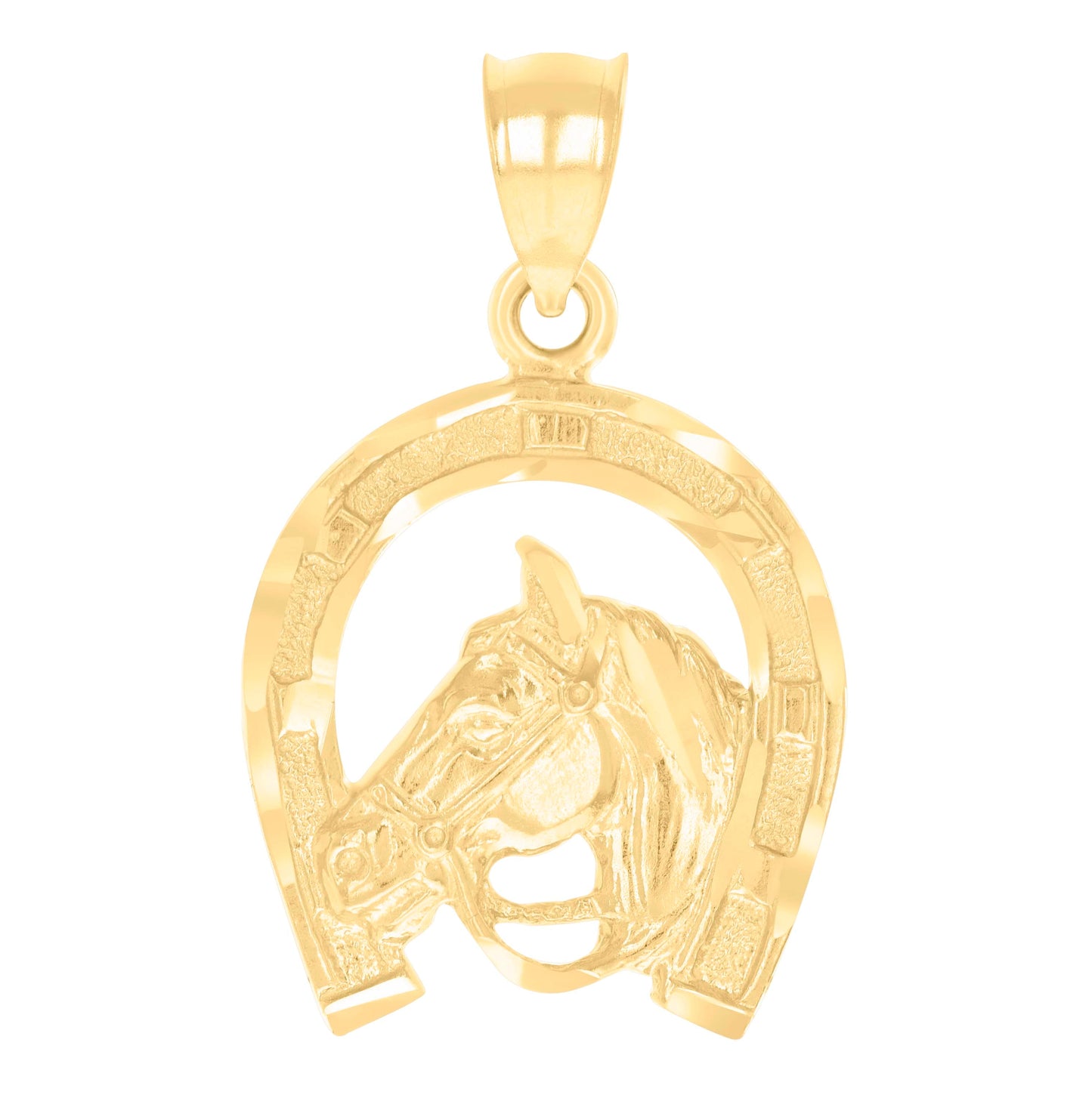 14K Yellow Gold Unisex Horse Head In Horseshoe Good Luck Charm Pendant