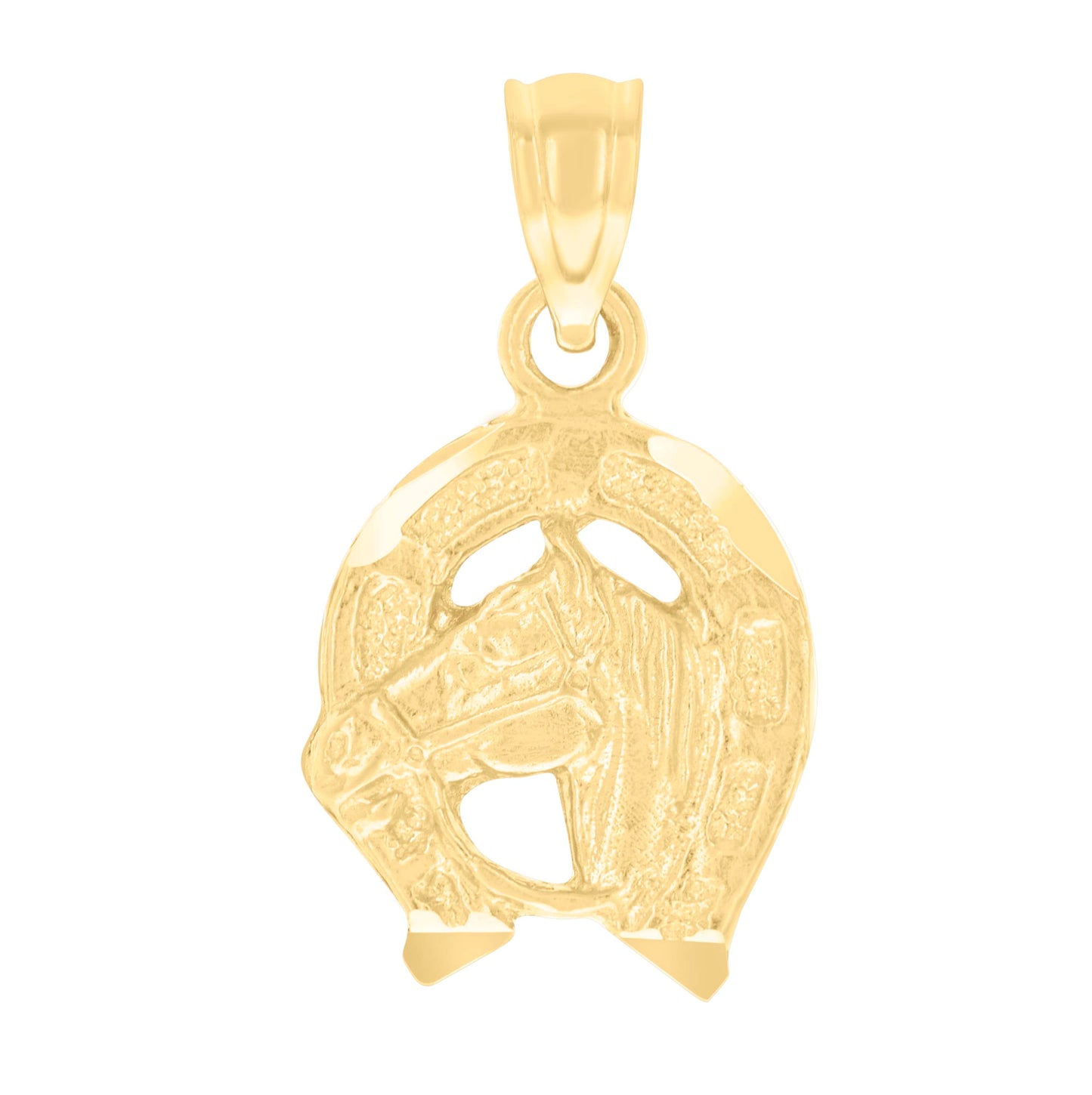 14K Yellow Gold Unisex Horse Head In Horseshoe Good Luck Charm Pendant