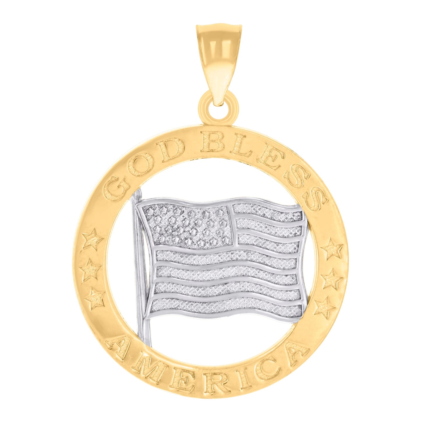14K Two-tone Gold Unisex God Bless America USA FLAG Patriotism Badge Charm Pendant
