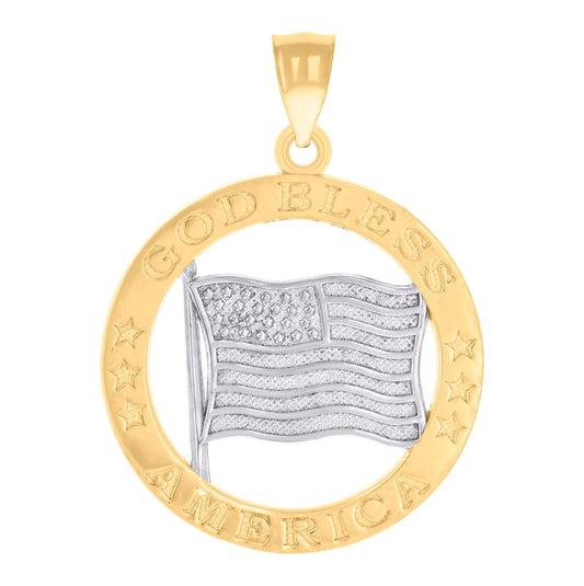 14K Two-tone Gold Unisex God Bless America USA FLAG Patriotism Badge Charm Pendant