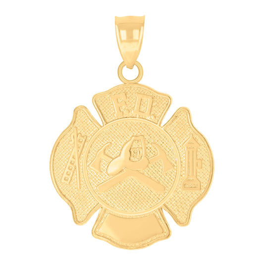 14K Yellow Gold Mens Fire Department Badge Occupational Charm Pendant