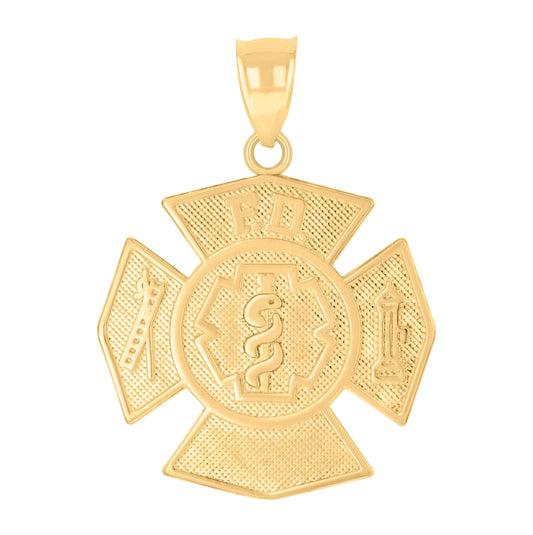 14K Yellow Gold Mens Fire Department Badge Occupational Charm Pendant