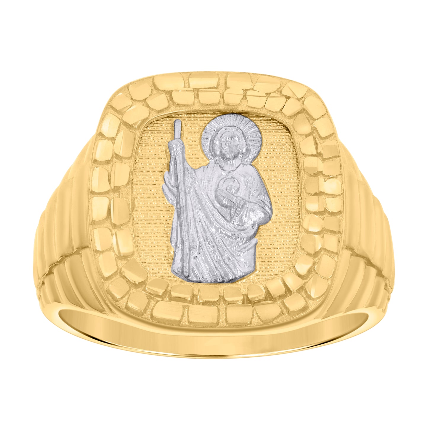 14K Two-Tone Gold Mens St. Jude Saint Religious Nugget Ring
