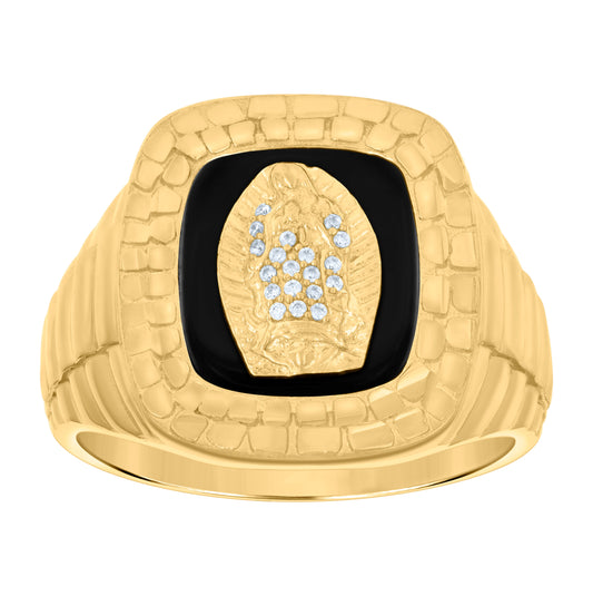 14K Yellow Gold Mens Cubic Zirconia Onyx Guadalupe/Mother Marry Religious Nugget Ring