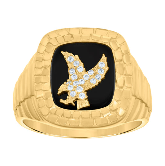 14K Yellow Gold Mens Cubic Zirconia Onyx Flying Eagle Birds Wildlife Nugget Ring