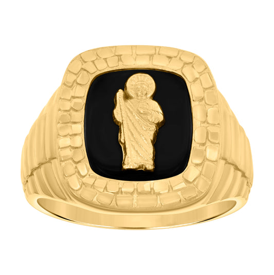 14K Yellow Gold Mens Onyx St. Jude Saint Religious Nugget Ring