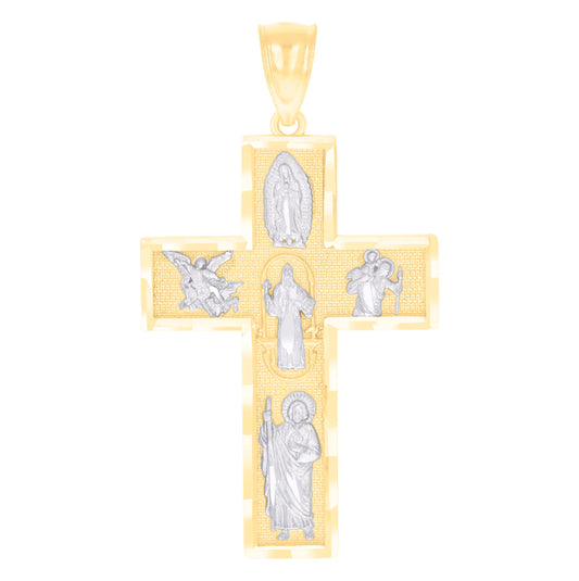 14K Two-tone Gold Mens Four Ways Cross Religious Charm Pendant