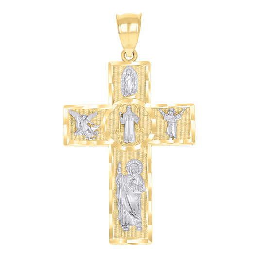 14K Two-tone Gold Mens Saints Cross Religious Charm Pendant