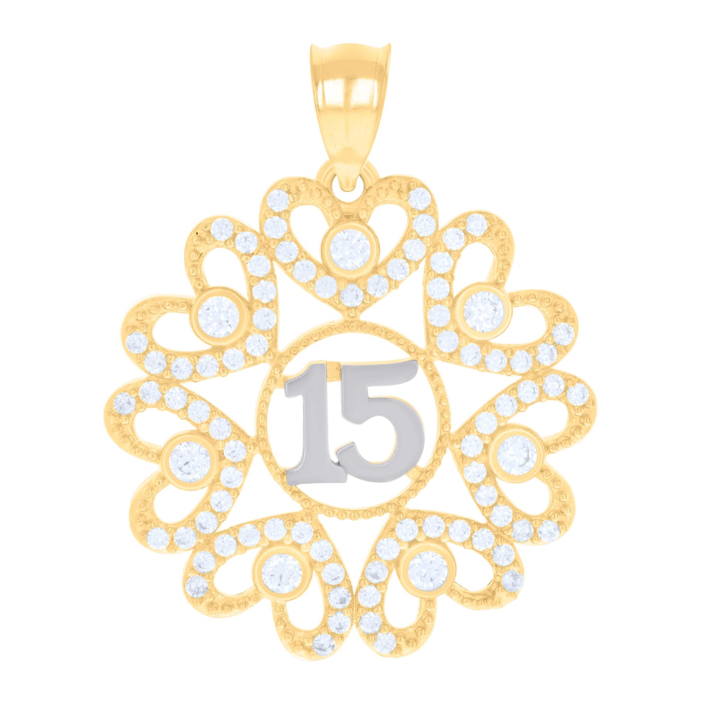14K Two-tone Gold Womens Cubic-Zirconia Sweet 15 Hearts Quinceanera Charm Pendant