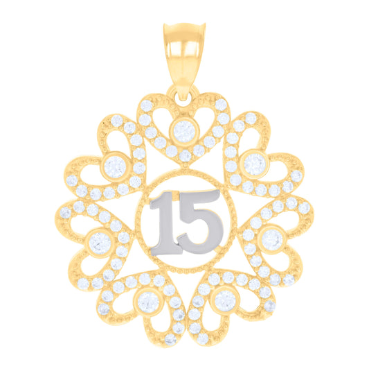 14K Two-tone Gold Womens Cubic-Zirconia Sweet 15 Hearts Quinceanera Charm Pendant