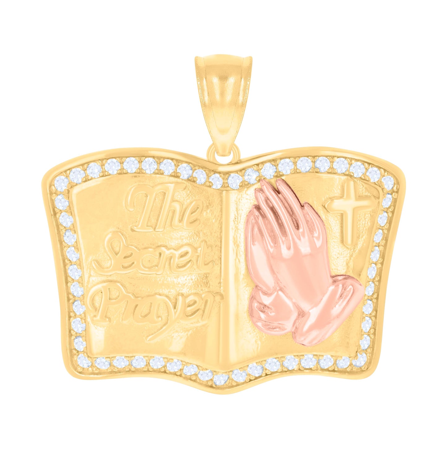 14K Two-tone Gold Unisex Cubic-Zirconia The Secret Prayer Book Praying Hands Symbol Religious Charm Pendant