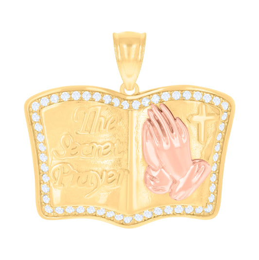 14K Two-tone Gold Unisex Cubic-Zirconia The Secret Prayer Book Praying Hands Symbol Religious Charm Pendant