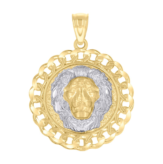 14K Two-tone Gold Mens Cuban Border Leo/Lion Head Animal Zodiac Sign/Wildlife Pendant