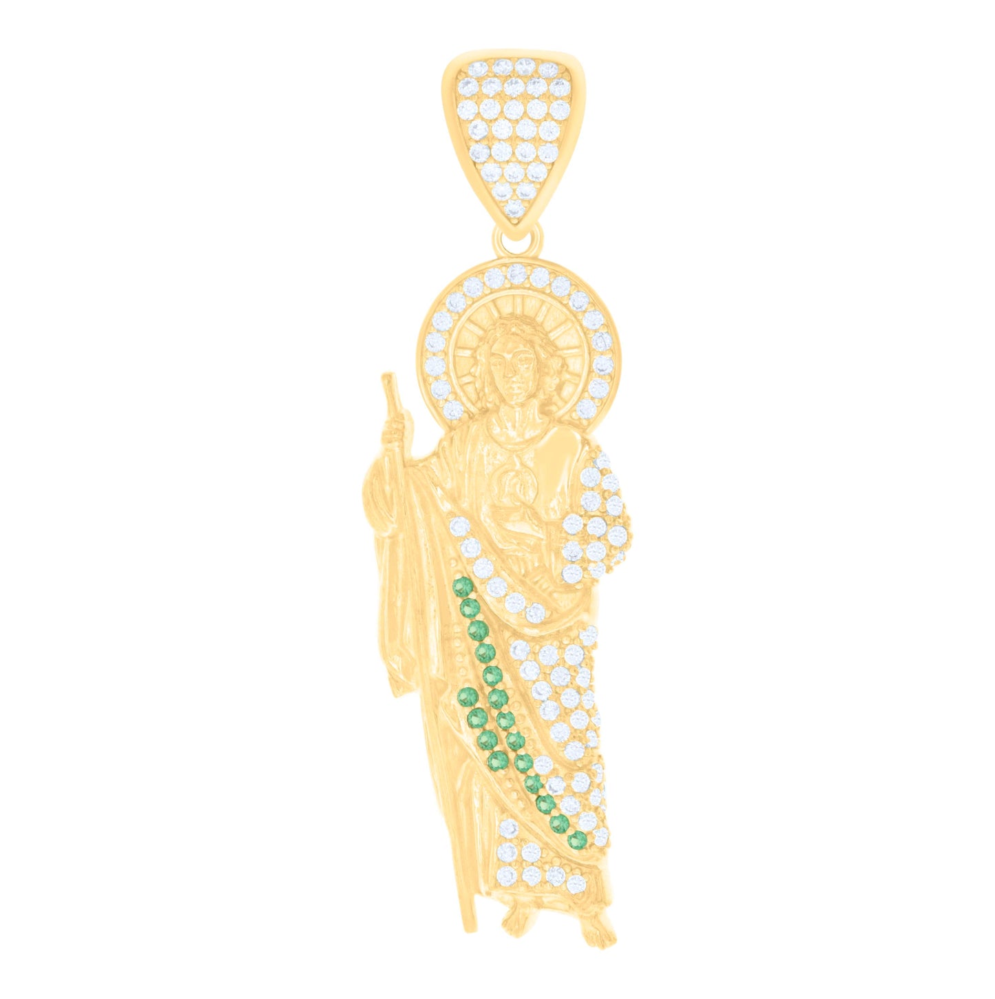 14K Yellow Gold Mens Green White Cubic-Zirconia St. Jude Religious Charm Pendant