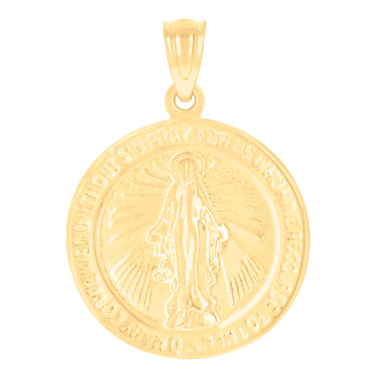 14K Yellow Gold Womens Virgin Mary Miraculous Medal Religious Charm Pendant