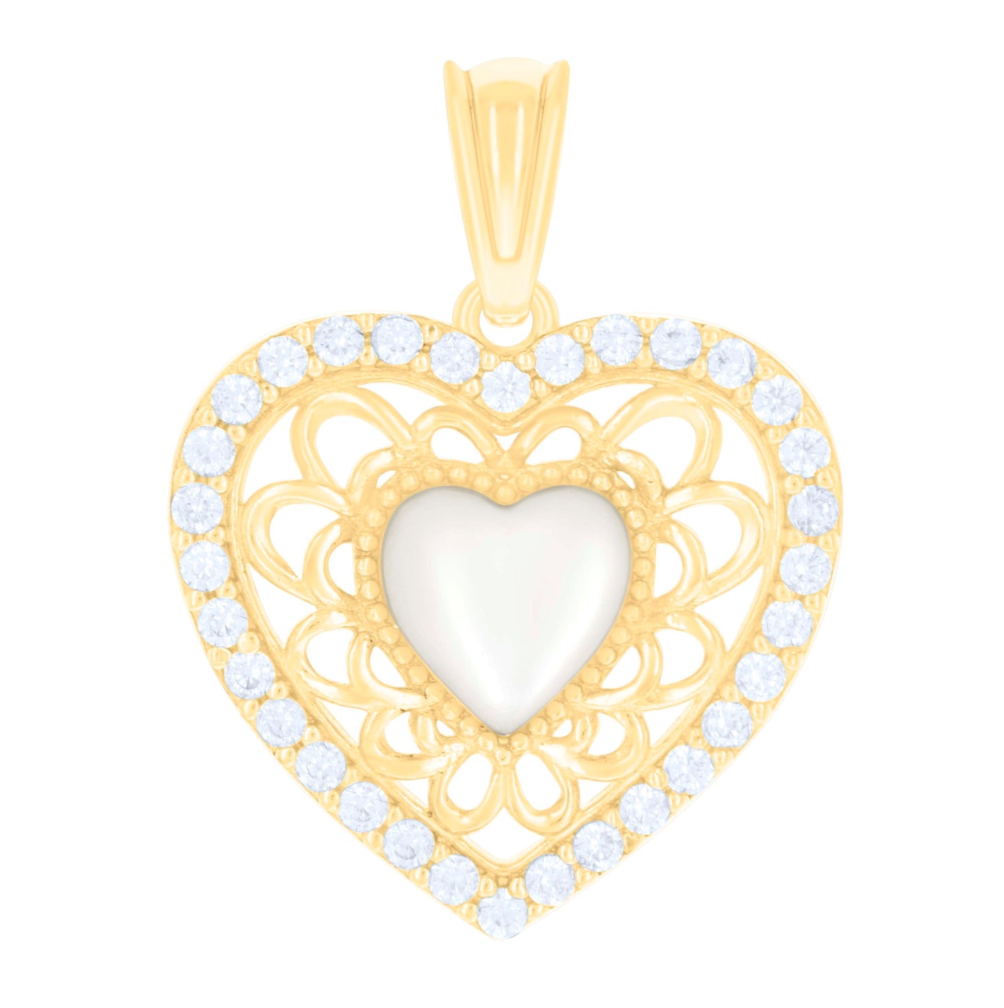 14K Two-tone Gold Womens Cubic-Zirconia Heart Charm Pendant