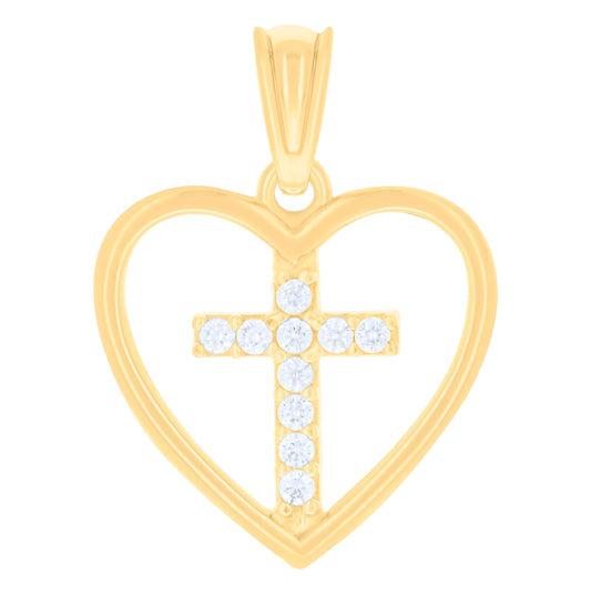 14K Yellow Gold Womens Cubic-Zirconia Heart Cross Religious Charm Pendant
