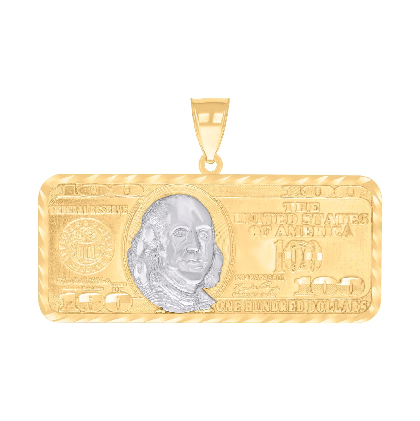 14K Two-tone Gold Mens 100 Dollar Bill Currency Fashion Charm Pendant