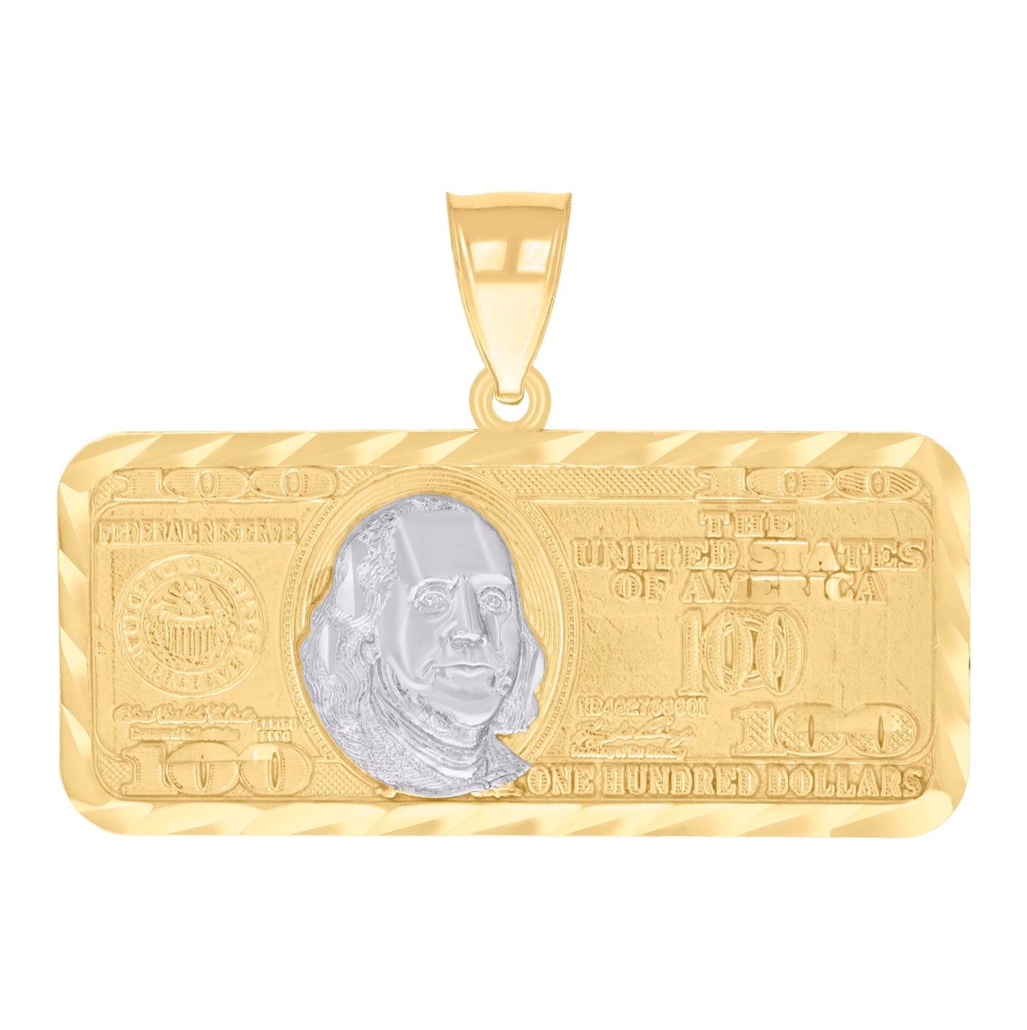 14K Two-tone Gold Mens 100 Dollar Bill Currency Fashion Charm Pendant