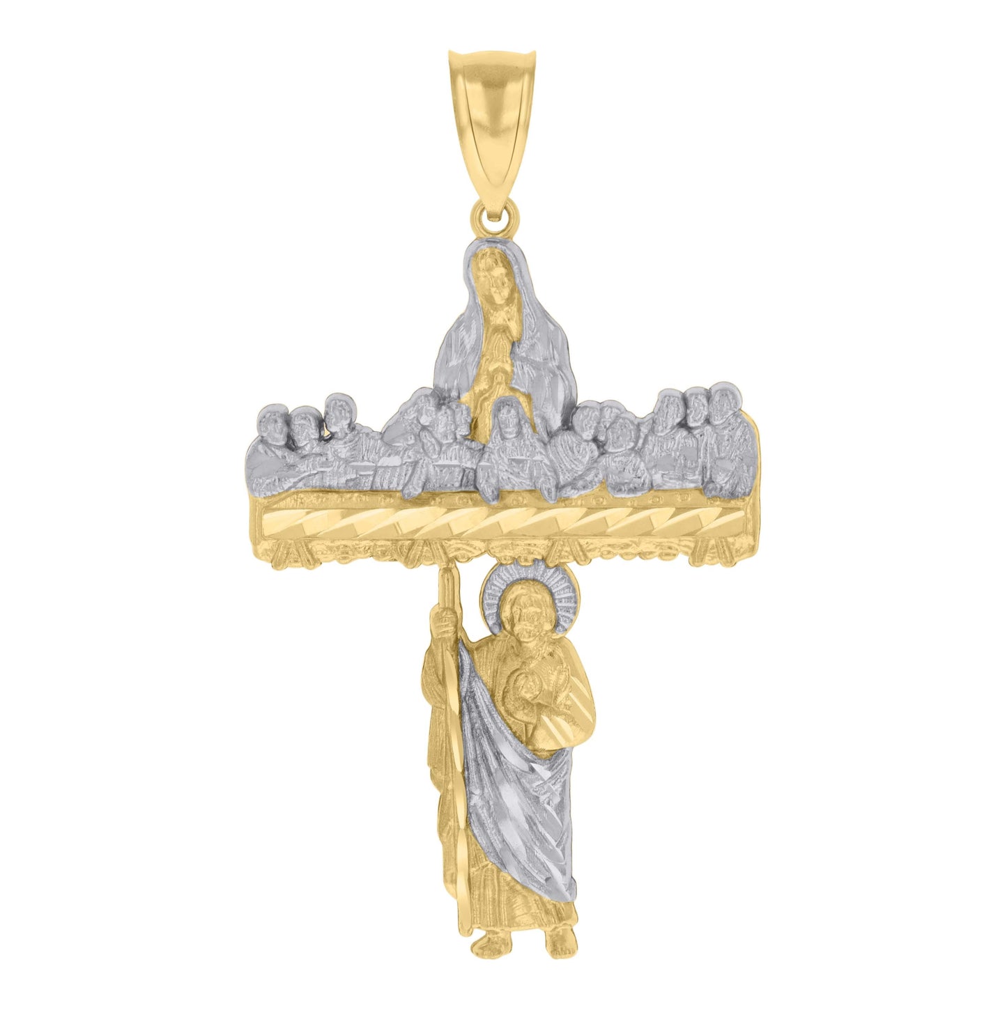 10K Two-tone Gold Mens St. Jude Guadalupe Last Supper Cross Religious Charm Pendant