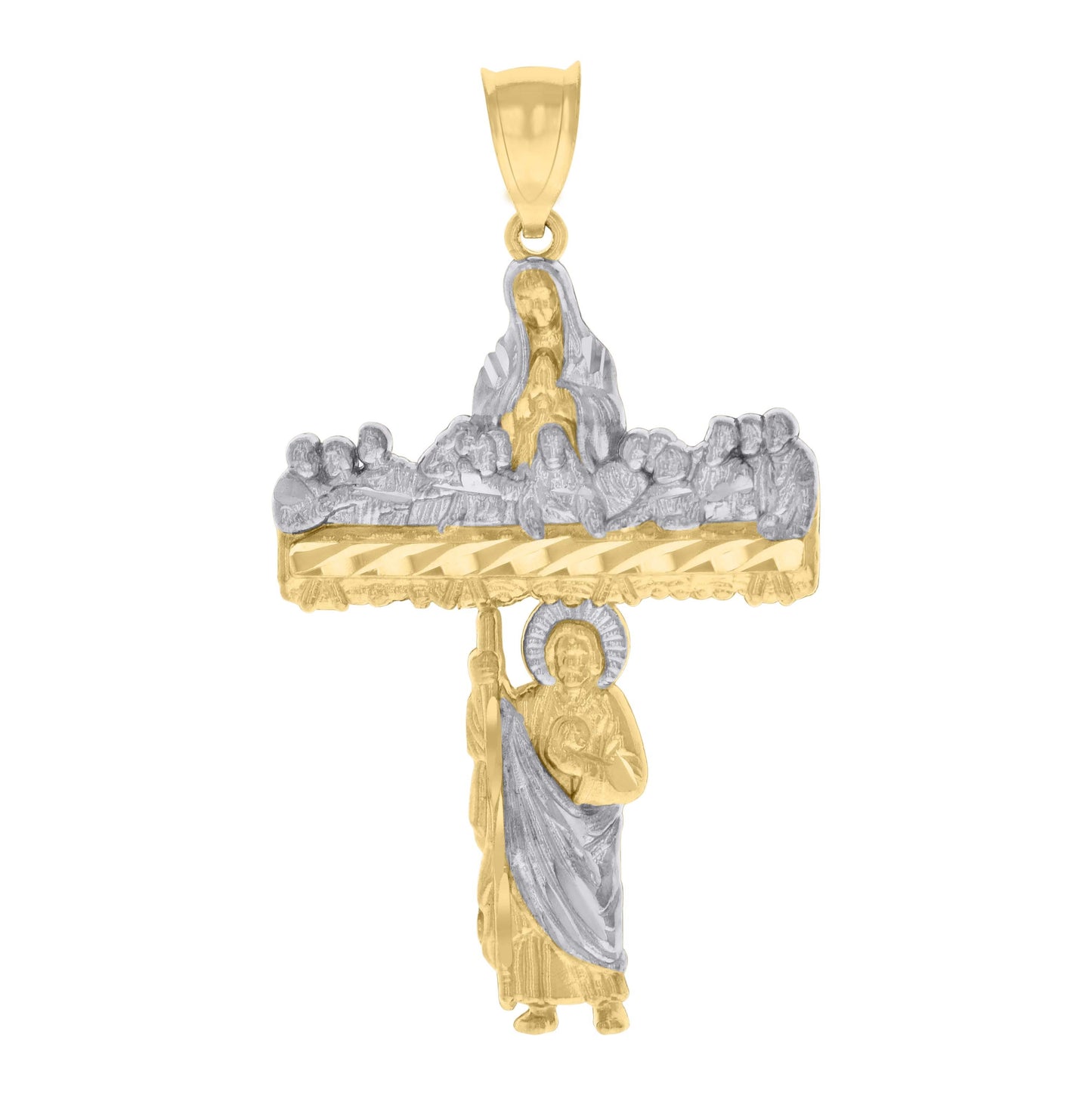 10K Two-tone Gold Mens St. Jude Guadalupe Last Supper Cross Religious Charm Pendant