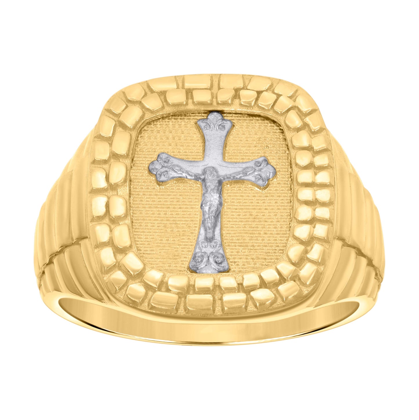 10K Two-tone Gold Mens Nugget Crucifix Cross Religious Ring