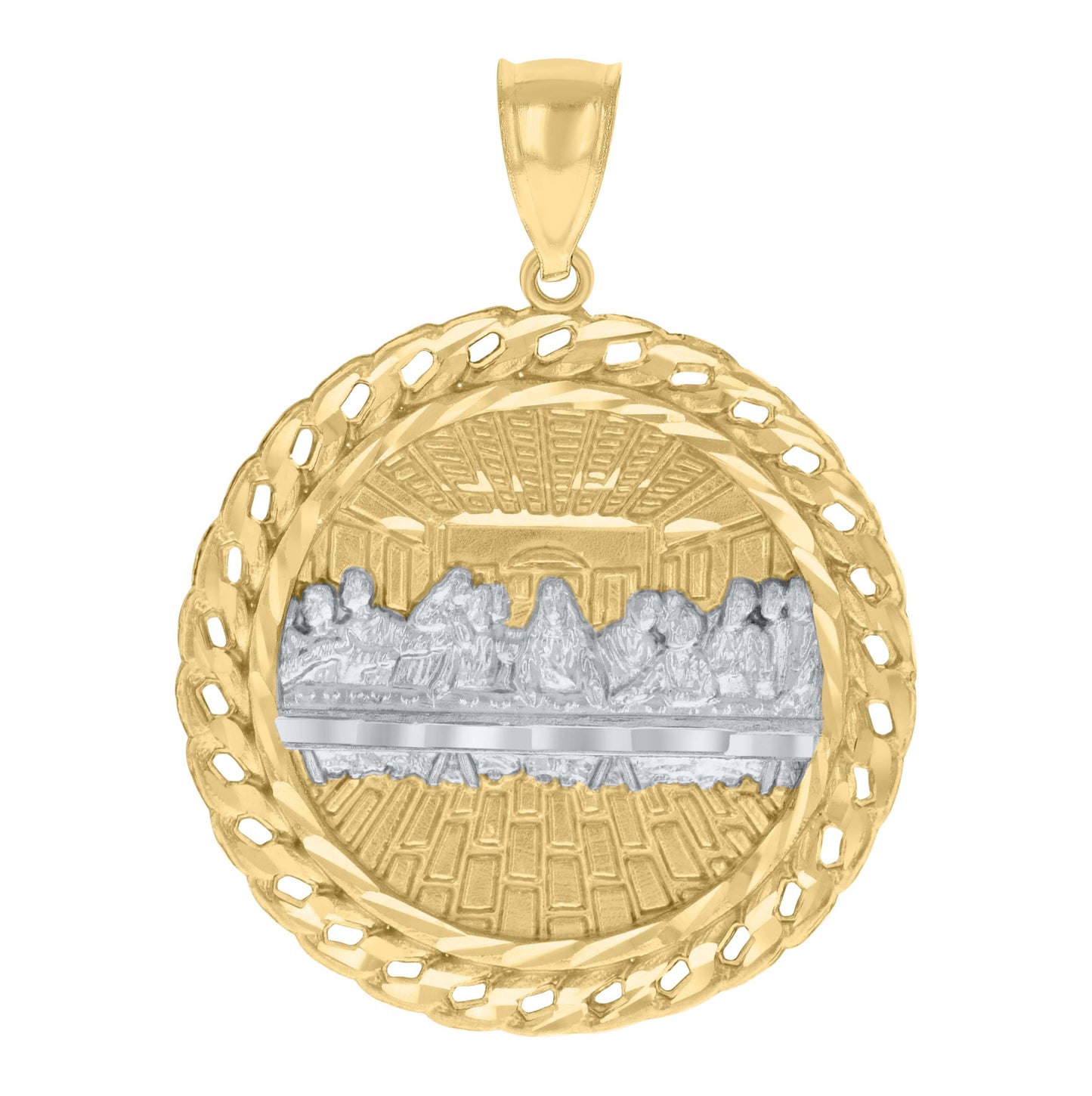 10K Two-tone Gold Mens Chain Border Last Supper Religious Charm Pendant