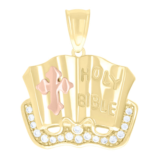 10K Tri-Color Gold Unisex Cubic-Zirconia Holy Bible Holy Book Symbol Religious Charm Pendant