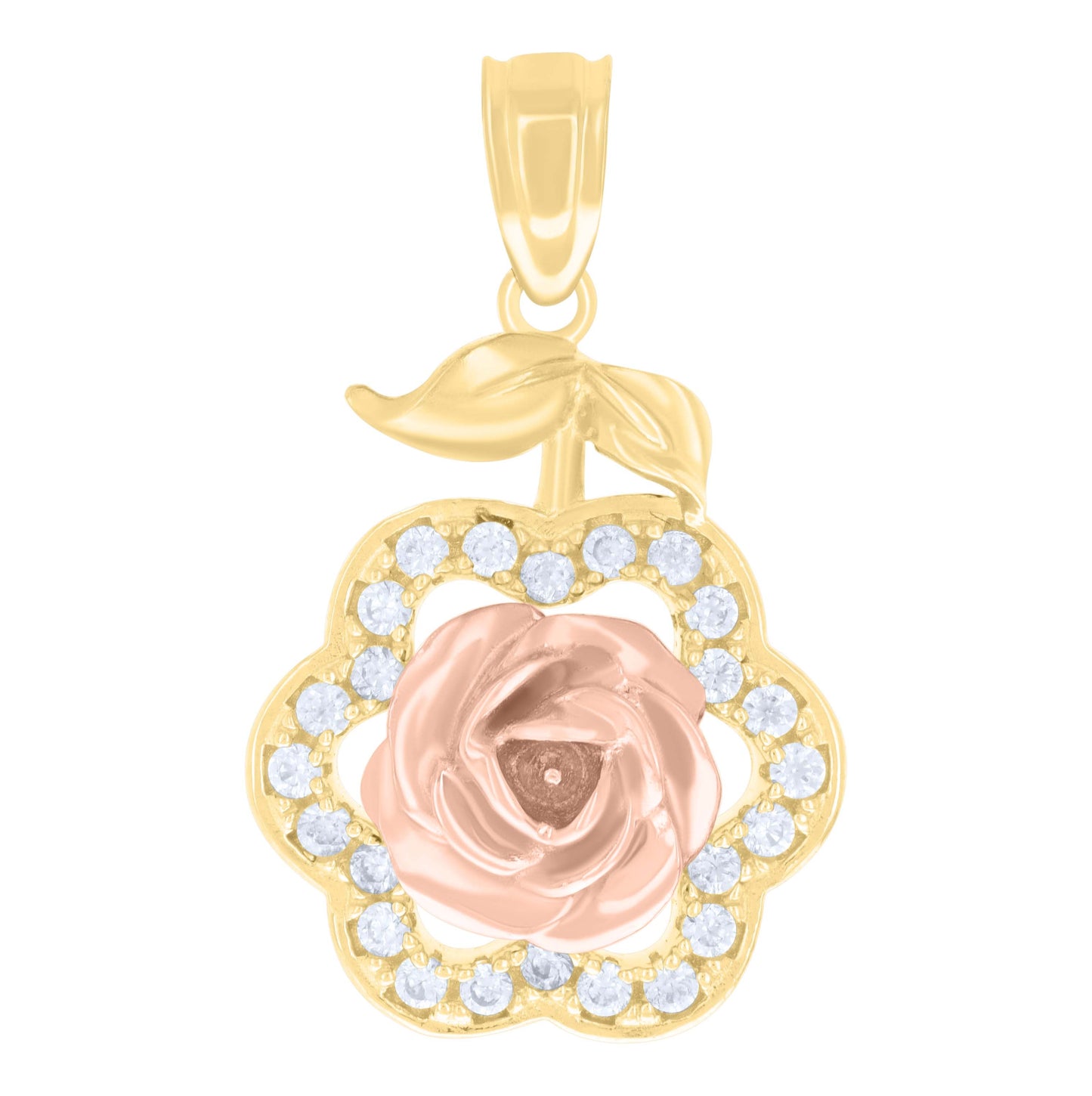 10K Two-tone Gold Womens Cubic-Zirconia Rose Fashion Charm Pendant