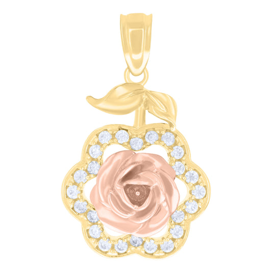 10K Two-tone Gold Womens Cubic-Zirconia Rose Fashion Charm Pendant