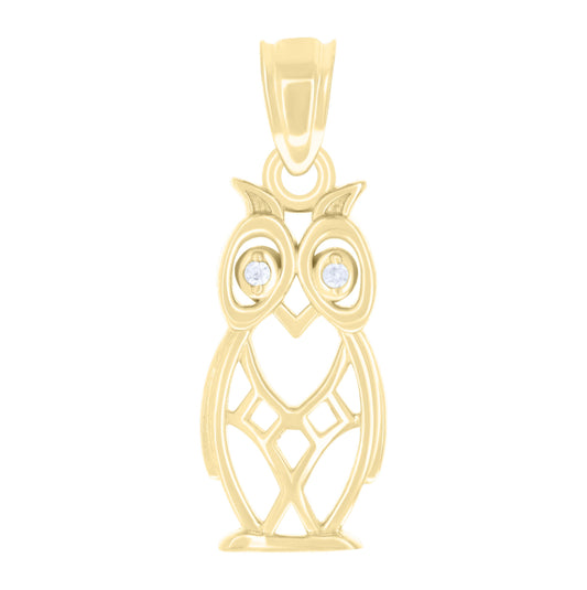 10K Yellow Gold Womens Cubic-Zirconia Good Luck Owl Bird Wildlife Charm Pendant