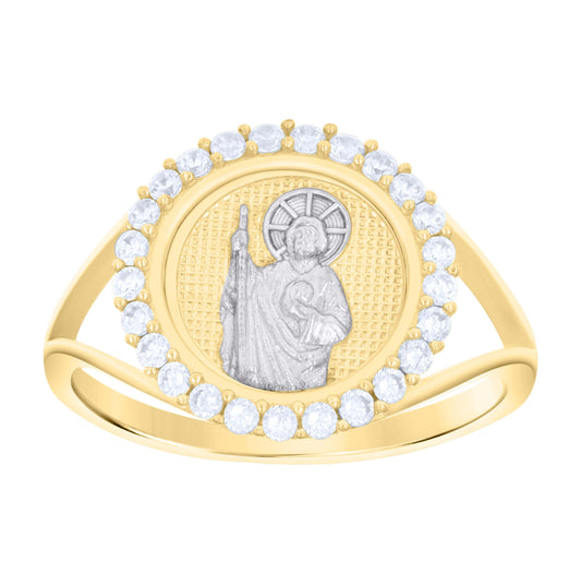10K Two-tone Gold Womens Cubic-Zirconia St. Jude Religious Ring