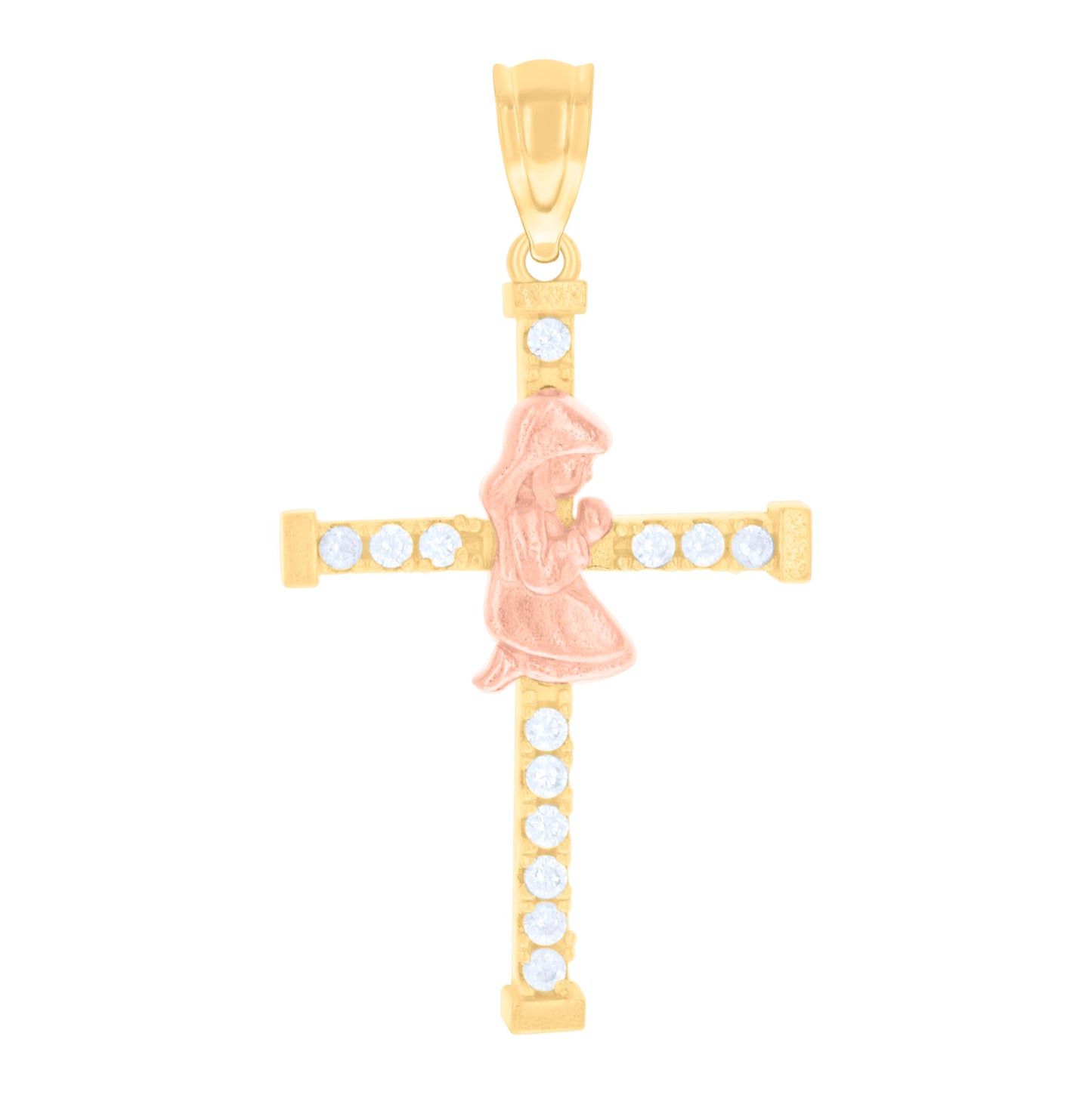 14K Two-tone Gold Womens Cubic-Zirconia Girl On Cross Religious Charm Pendant