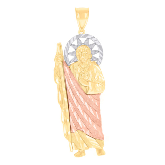 14K Tri-Color Gold Mens Cubic-Zirconia St. Jude Religious Charm Pendant